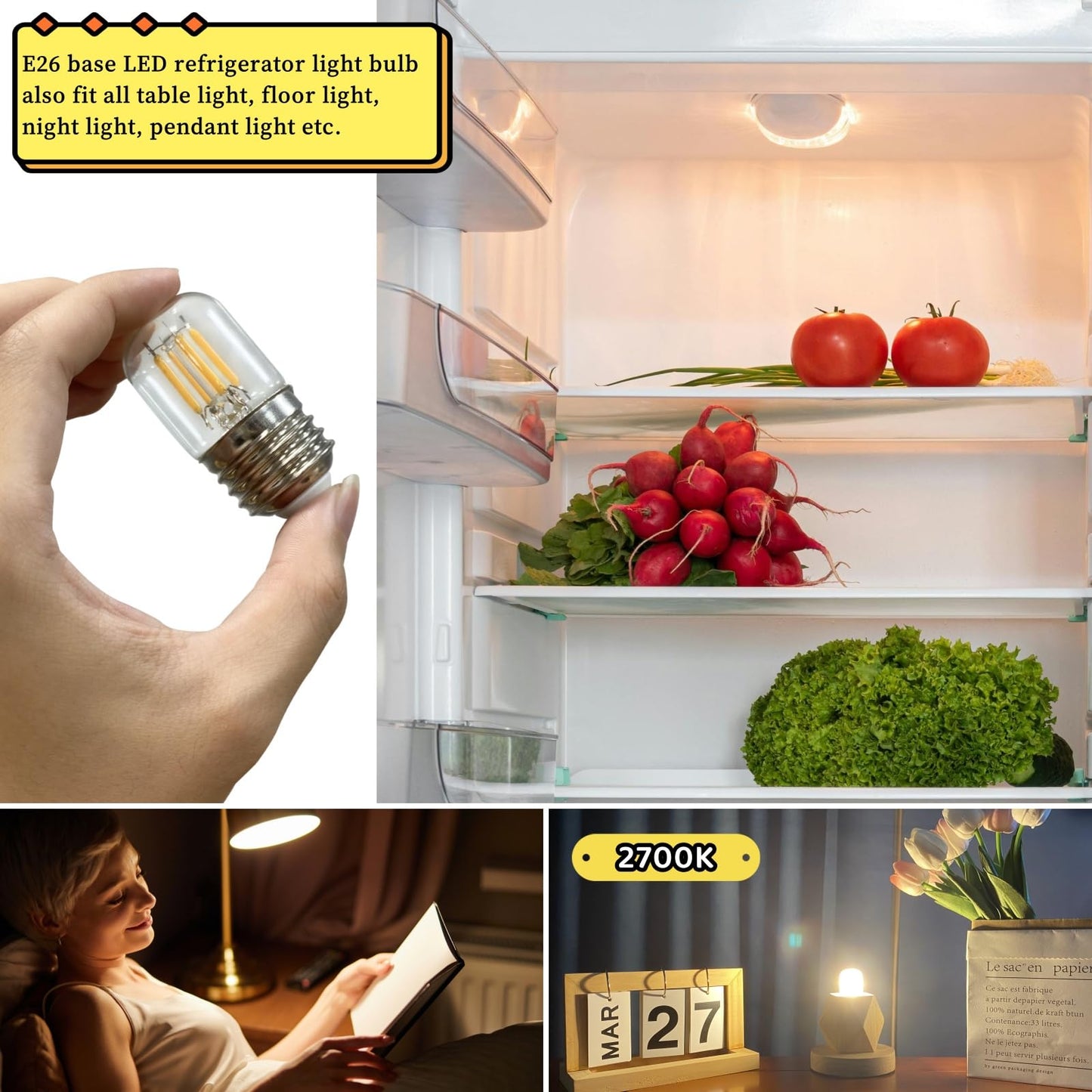 LED Refrigerator Light Bulb 40W Equivalent Fridge Light Bulb Kei d34l Refrigerator Bulb 4W Appliance Bulb E26 5000k Daylight White for Freezer, Frigidaire Replacement 450lumen, 2 Pack