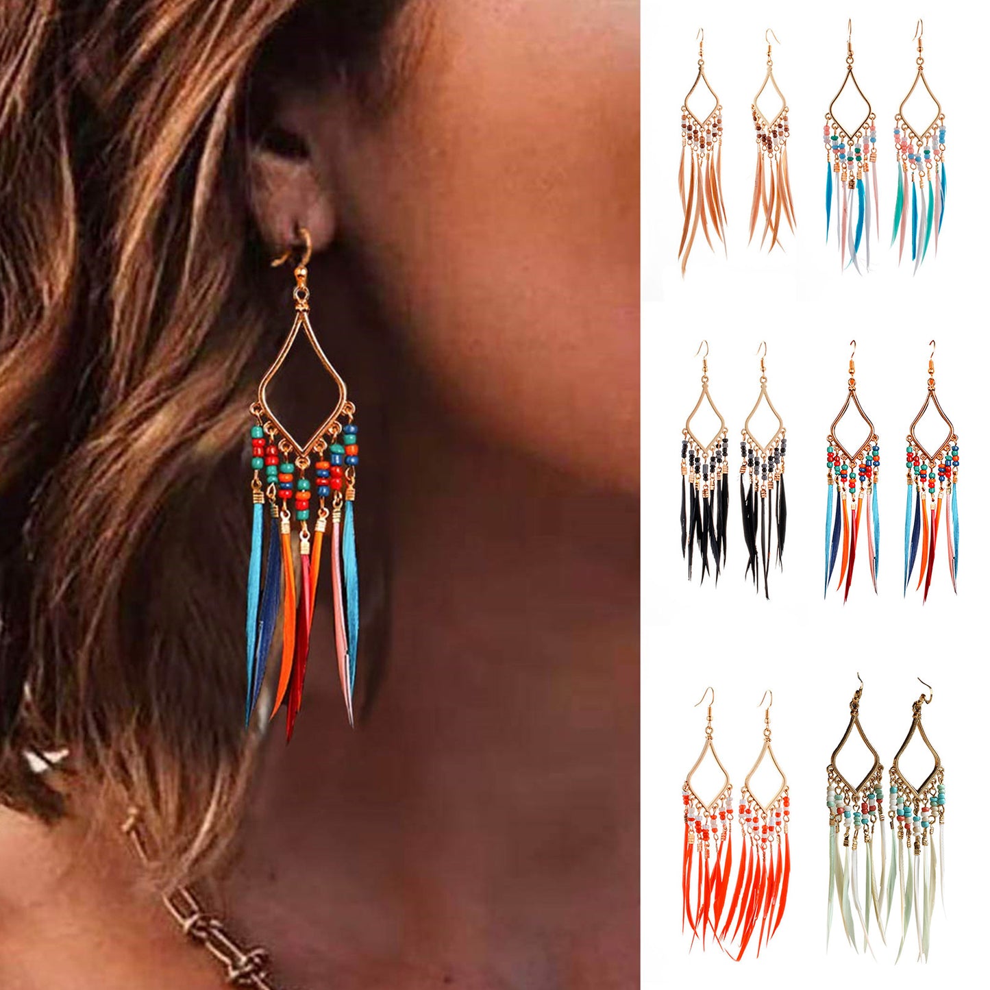 Boucles d'oreilles plumes à pompons