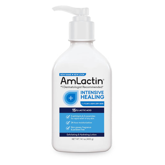 AmLactin Intensive Healing Body Lotion for Dry Skin, 14.1 oz Pump Bottle, 2-in-1 Exfoliator & Moisturizer with Ceramides & 15% Lactic Acid for Relief from Dry Skin (Packaging May Vary)