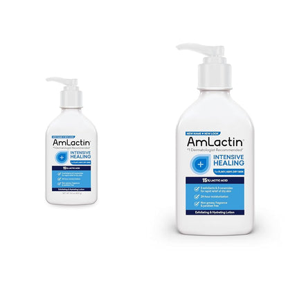 AmLactin Intensive Healing Body Lotion for Dry Skin, 14.1 oz Pump Bottle, 2-in-1 Exfoliator & Moisturizer with Ceramides & 15% Lactic Acid for Relief from Dry Skin (Packaging May Vary)