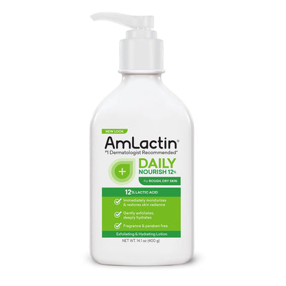 AmLactin Intensive Healing Body Lotion for Dry Skin, 14.1 oz Pump Bottle, 2-in-1 Exfoliator & Moisturizer with Ceramides & 15% Lactic Acid for Relief from Dry Skin (Packaging May Vary)