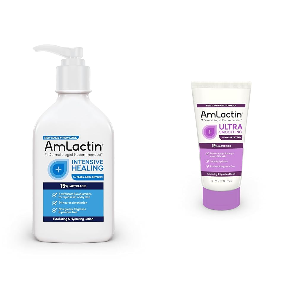 AmLactin Intensive Healing Body Lotion for Dry Skin, 14.1 oz Pump Bottle, 2-in-1 Exfoliator & Moisturizer with Ceramides & 15% Lactic Acid for Relief from Dry Skin (Packaging May Vary)