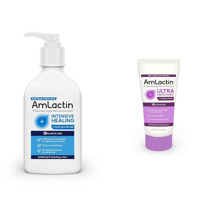 AmLactin Intensive Healing Body Lotion for Dry Skin, 14.1 oz Pump Bottle, 2-in-1 Exfoliator & Moisturizer with Ceramides & 15% Lactic Acid for Relief from Dry Skin (Packaging May Vary)