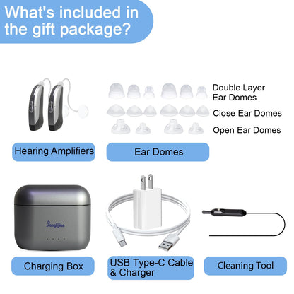 Banglijian Hearing Aids Small Rechargeable BTE Hearing Aids for Seniors Mild to Moderate Hearing Loss, Large Capacity Charging Box, Ideal for Home or Travel Use(Gray-Black)