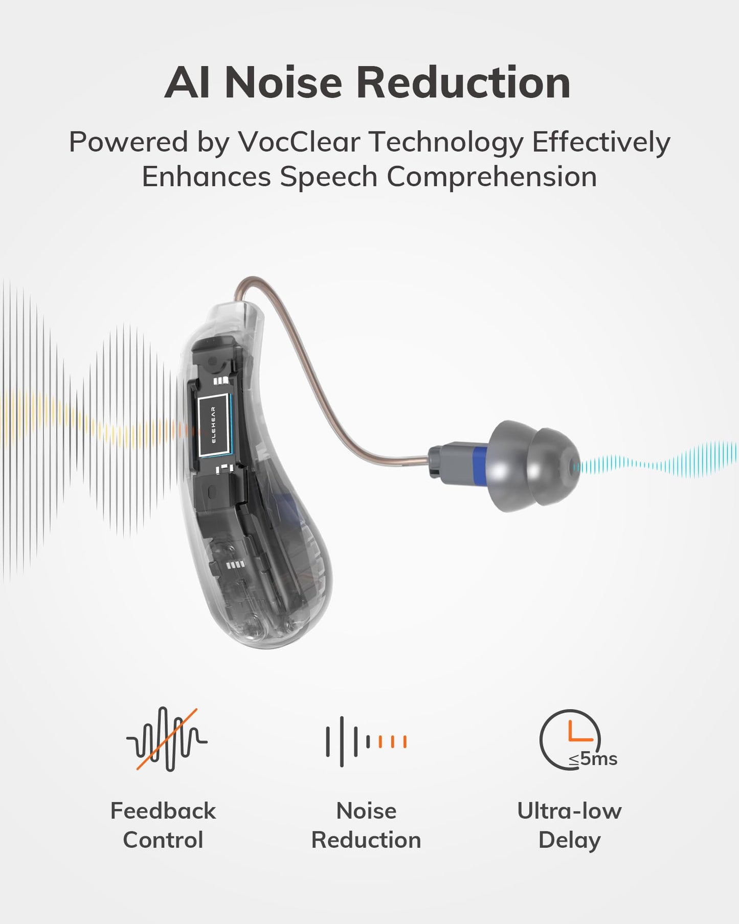 Alpha Hearing Aids, AI Noise Cancellation OTC Hearing Aids for Seniors & Adults, Super Clear Sound, Long-Lasting Battery Operated Rechargeable Hearing Aid, 4 Modes, Metallic Dark Grey