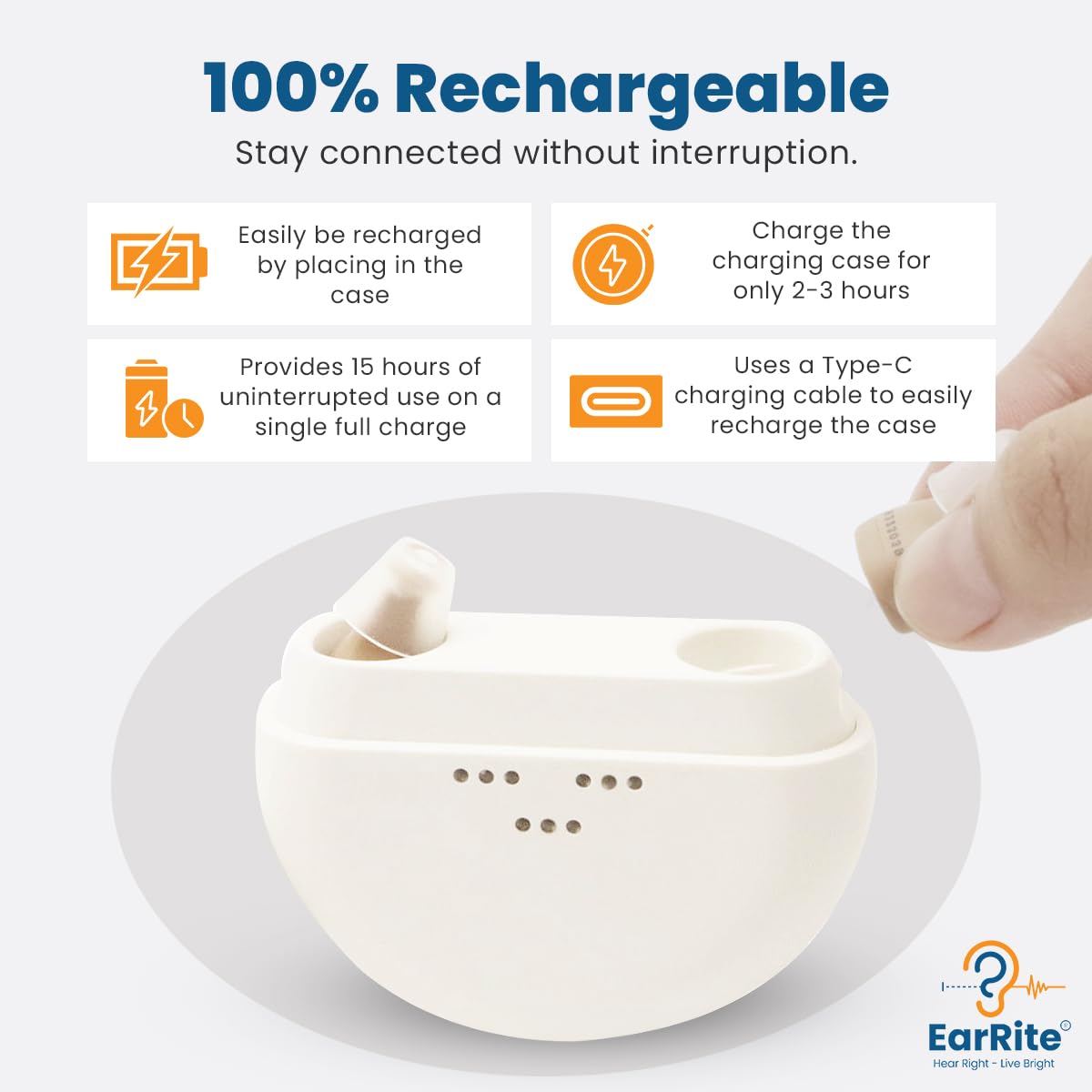 EarRite Rechargeable OTC Hearing Aids for Seniors - Nearly Invisible & Comfortable 9 Adjustable Levels of Clarity Compact In-Ear Design Digital Hearing amplifier with Noise Reduction and Charging Case