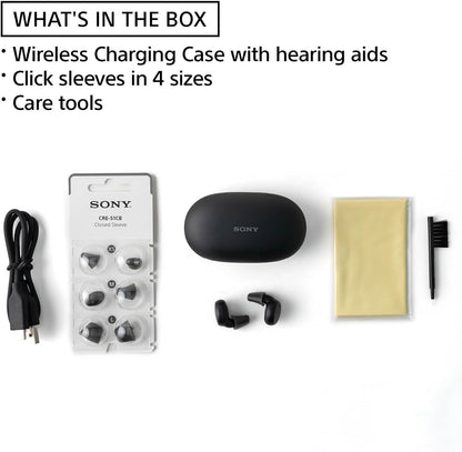 Sony CRE-E10 Self-Fitting OTC Hearing Aids for Mild to Moderate Hearing Loss, Prescription-Grade Sound Quality, Comfortable Earbud Design, Bluetooth Enabled for iOS, and Rechargeable Battery, Black