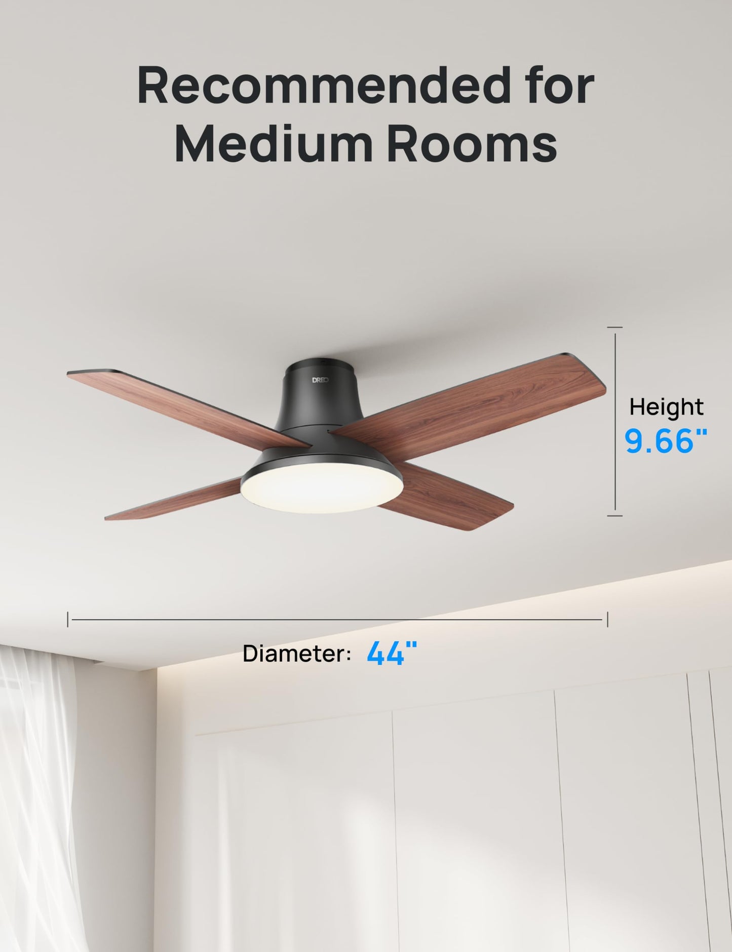 Dreo Ceiling Fans with Lights and Remote Control, 44 inch Low Profile Ceiling Fan, Flush Mount, Reversible, 5CCT, 6-Level Dimmable, 6 Speeds Ceiling Fan for Bedroom, Quiet, Easy to Install, Timer