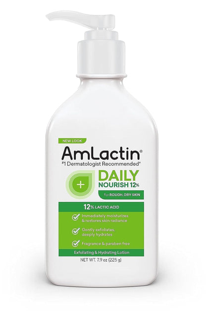 AmLactin Daily Moisturizing Lotion for Dry Skin, 7.9 oz Pump Bottle, 2-in-1 Exfoliator - Body Lotion with 12% Lactic Acid, Dermatologist-Recommended (Packaging May Vary)