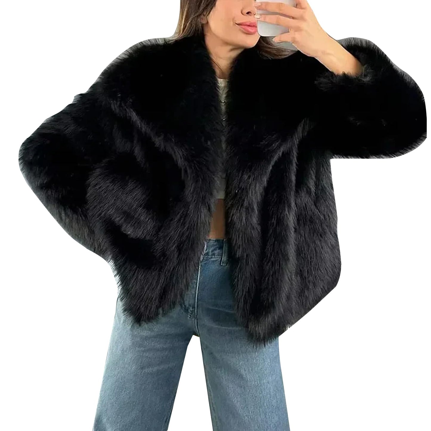 Flygo Women's Faux Fur Coat Fluffy Faux Fur Jacket Long Sleeve Lapel Furry Winter Jackets Shaggy Parka Short Coat