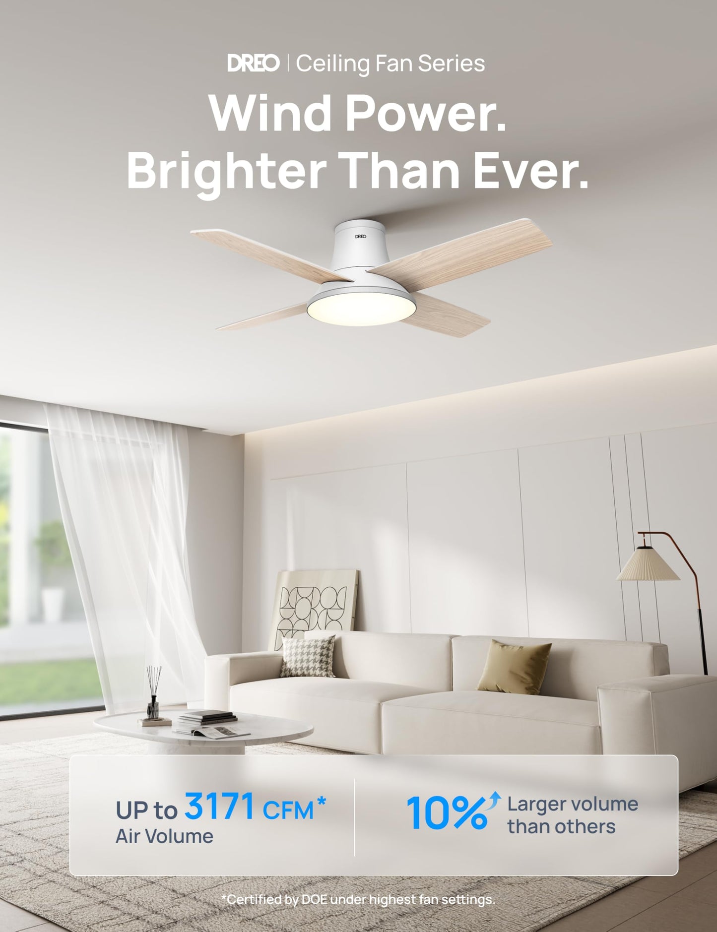 Dreo Ceiling Fans with Lights and Remote Control, 44 inch Low Profile Ceiling Fan, Flush Mount, Reversible, 5CCT, 6-Level Dimmable, 6 Speeds Ceiling Fan for Bedroom, Quiet, Easy to Install, Timer