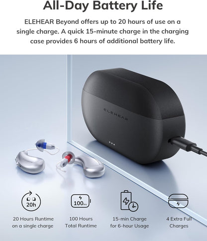 ELEHEAR-Beyond OTC Hearing Aids, AI Powered Speech Enhancement and Tinnitus Masking, Superior Sound Quality, Connectivity with iOS or Android Devices via Bluetooth 5.3, for Seniors and Adults