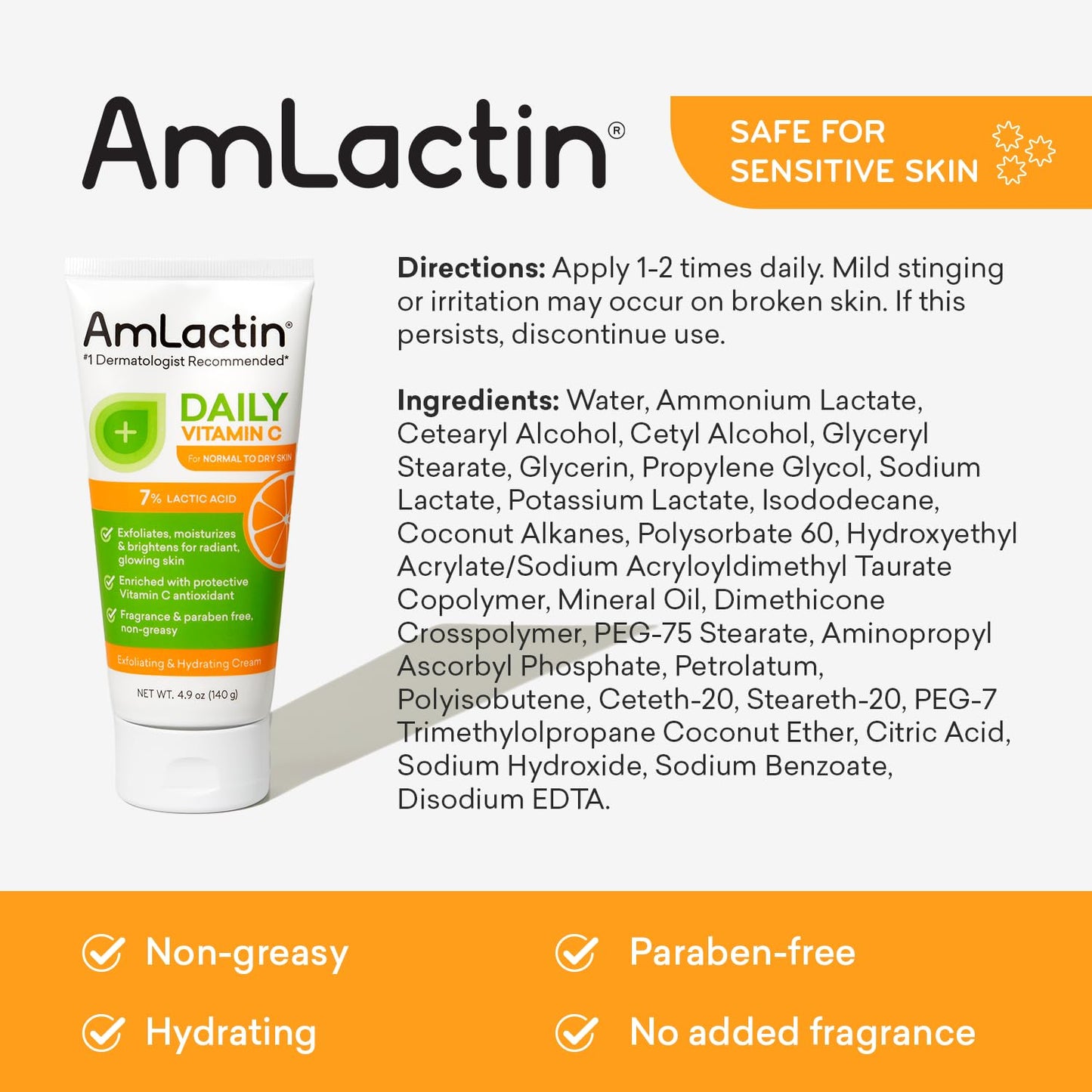 AmLactin Daily Vitamin C Lotion - 7.9 oz Body Lotion with 7% Lactic Acid - Skin-Brightening Exfoliator and Moisturizer for Dry Skin