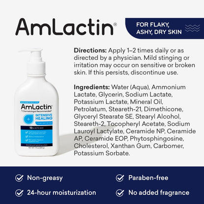 AmLactin Intensive Healing Body Lotion for Dry Skin, 14.1 oz Pump Bottle, 2-in-1 Exfoliator & Moisturizer with Ceramides & 15% Lactic Acid for Relief from Dry Skin (Packaging May Vary)