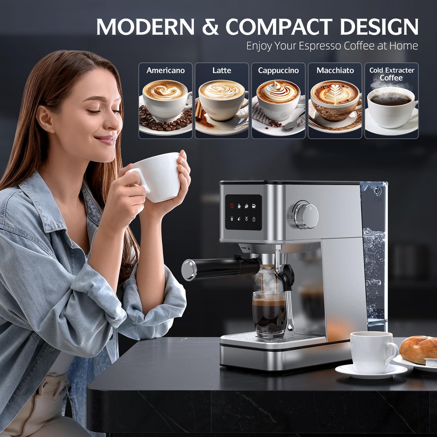 Espresso Machine, 20 Bar Professional Espresso Maker, Milk Frother Steam Wand for Latte, Compact Stainless Steel Machine with 57.5oz Removable Water Tank and LED Touchscreen Monitors