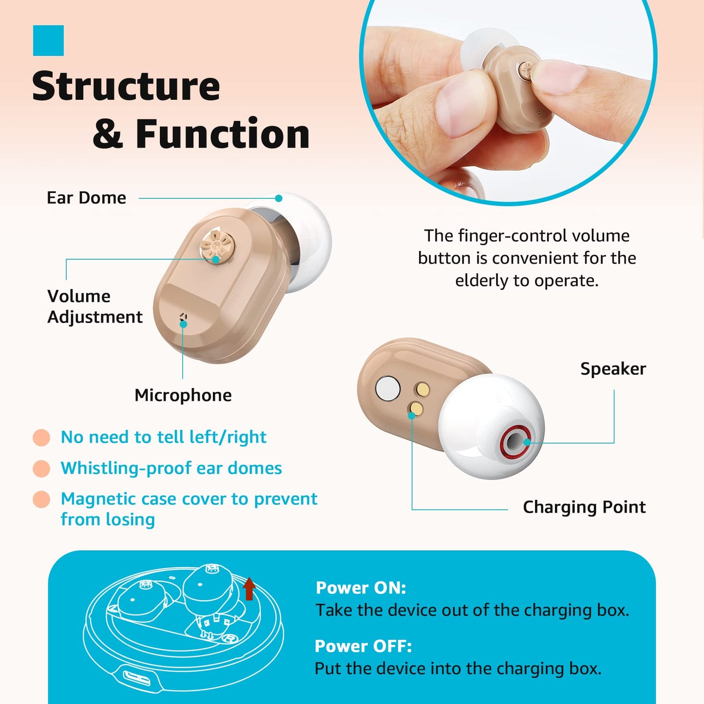 Hearing Aids, Sensley Autiphon Rechargeable Digital Hearing Aids for Seniors Adults with Noise Cancelling, Patented Design for Easy Operation, 1 Week Backup Power, Pair (Light Beige)