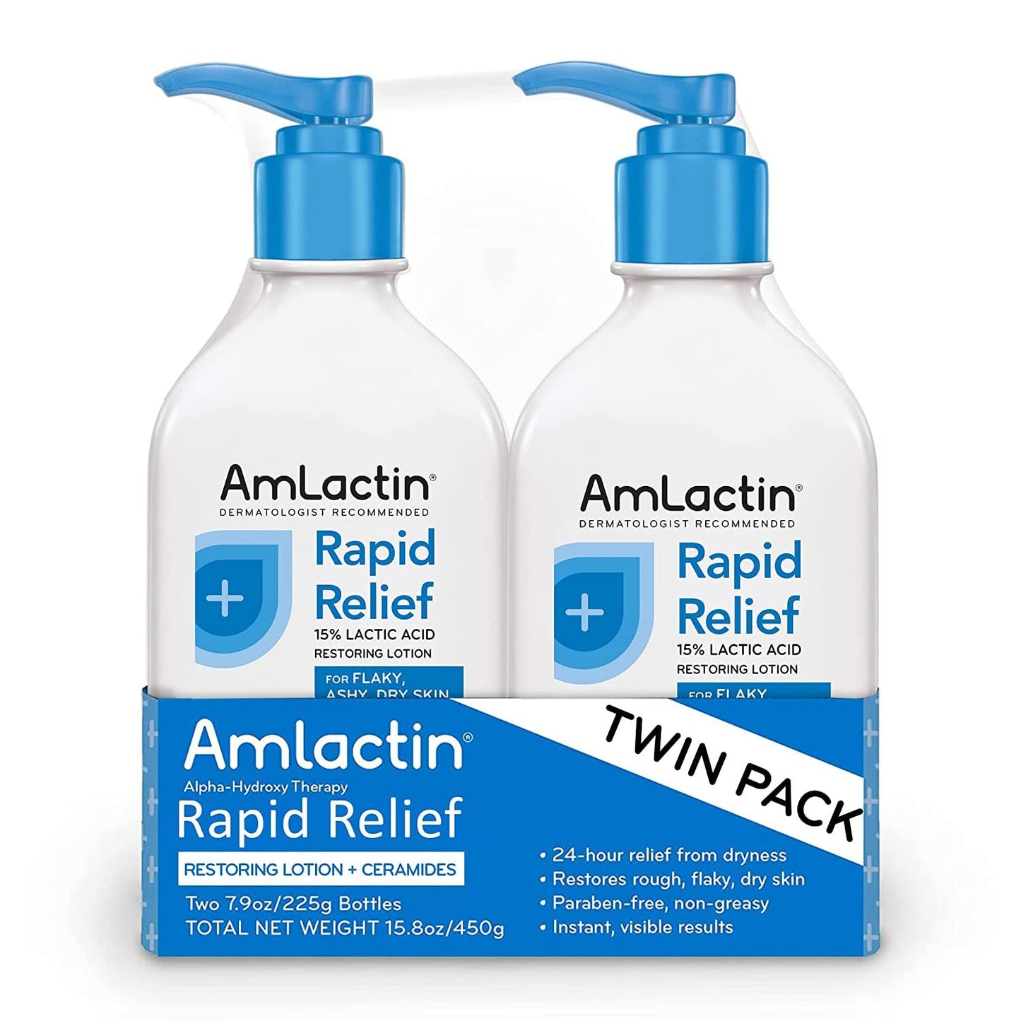 AmLactin Intensive Healing Body Lotion for Dry Skin, 14.1 oz Pump Bottle, 2-in-1 Exfoliator & Moisturizer with Ceramides & 15% Lactic Acid for Relief from Dry Skin (Packaging May Vary)