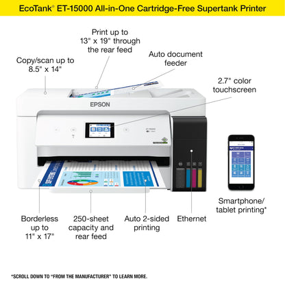 Epson EcoTank ET-4850 Wireless All-in-One Cartridge-Free Supertank Printer with Scanner, Copier, Fax, ADF and Ethernet – The Perfect Printer Office - White, Medium