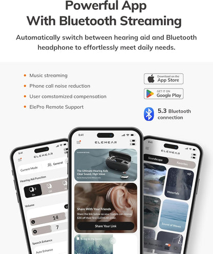 ELEHEAR-Beyond OTC Hearing Aids, AI Powered Speech Enhancement and Tinnitus Masking, Superior Sound Quality, Connectivity with iOS or Android Devices via Bluetooth 5.3, for Seniors and Adults