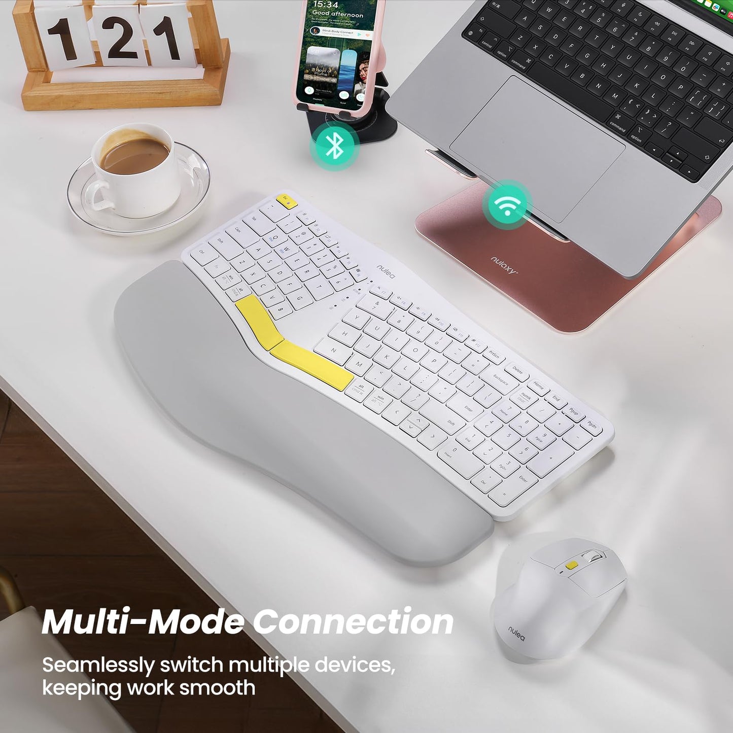 Nulea KM75 Advanced Ergonomic Wireless Keyboard and Mouse Combo, Comfortable Natural Typing, Palm Rest, Multi-Device (Bluetooth, 2.4G, Wired), Rechargeable, for Multi-OS, Windows, Mac, Android(Grey)