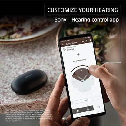 Sony CRE-E10 Self-Fitting OTC Hearing Aids for Mild to Moderate Hearing Loss, Prescription-Grade Sound Quality, Comfortable Earbud Design, Bluetooth Enabled for iOS, and Rechargeable Battery, Black