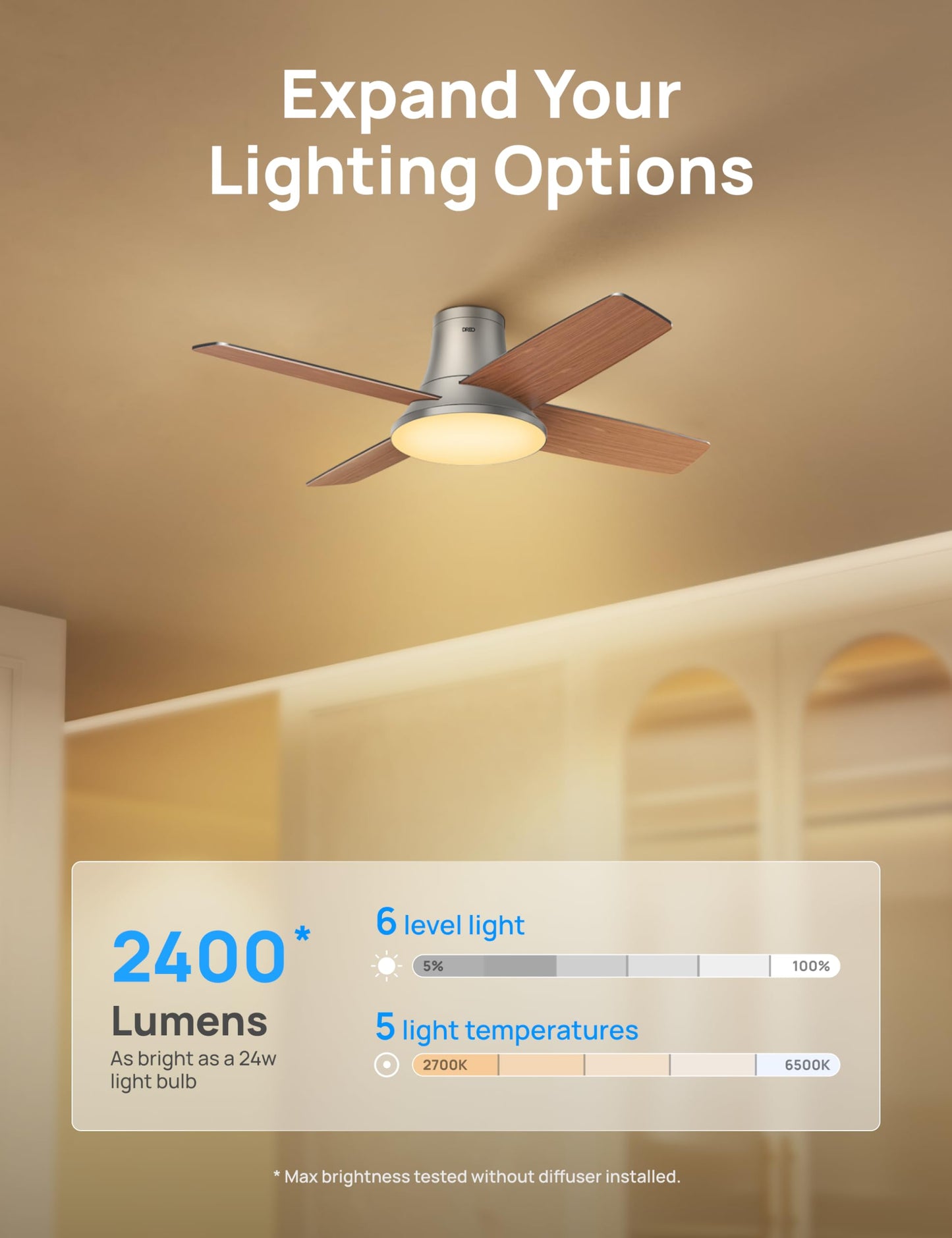 Dreo Ceiling Fans with Lights and Remote Control, 44 inch Low Profile Ceiling Fan, Flush Mount, Reversible, 5CCT, 6-Level Dimmable, 6 Speeds Ceiling Fan for Bedroom, Quiet, Easy to Install, Timer