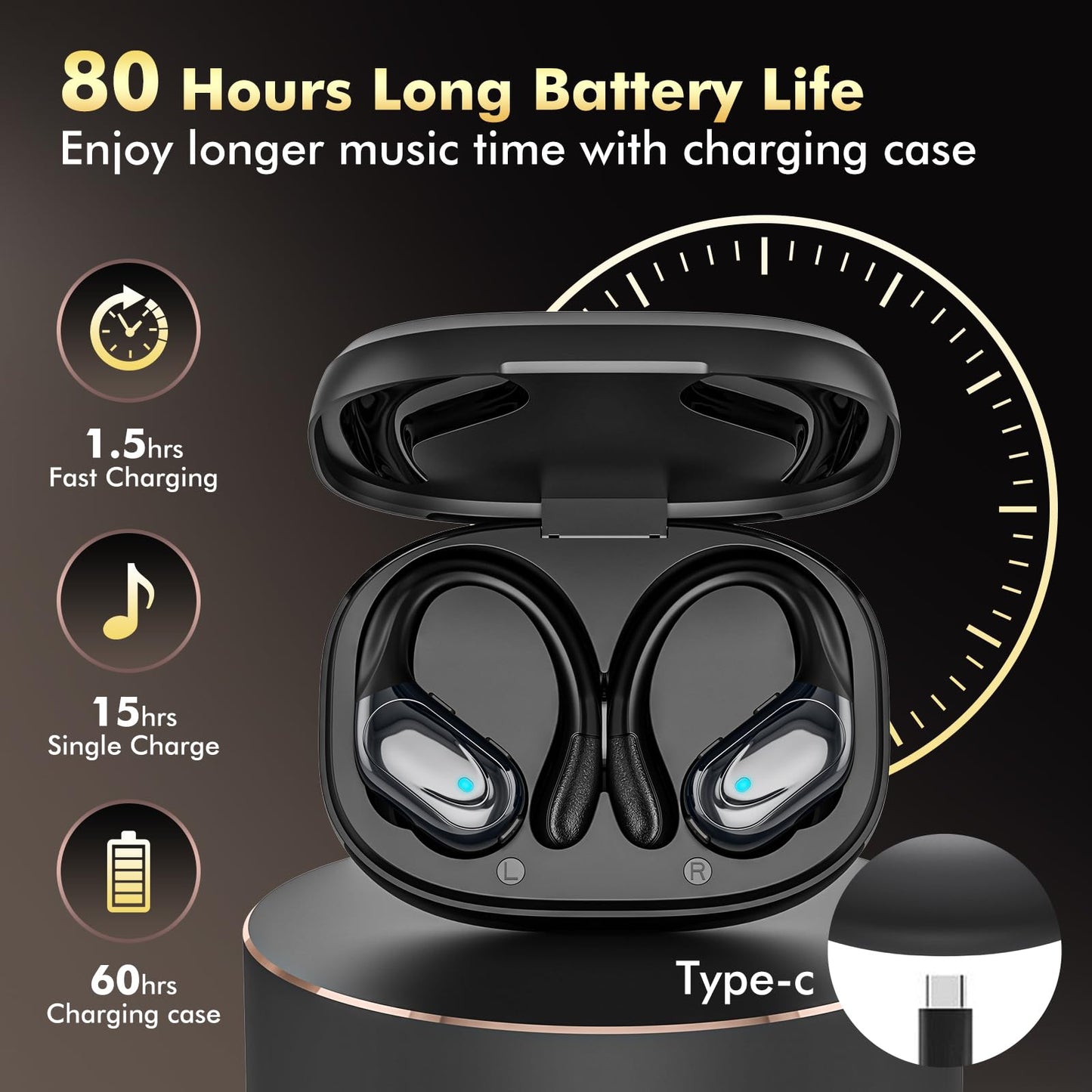 Wireless Earbuds Bluetooth Headphones 80hrs Playback Ear Buds Power Display with Noise Canceling Mic Headsets for Sports/Workout/Running