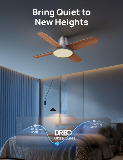 Dreo Ceiling Fans with Lights and Remote Control, 44 inch Low Profile Ceiling Fan, Flush Mount, Reversible, 5CCT, 6-Level Dimmable, 6 Speeds Ceiling Fan for Bedroom, Quiet, Easy to Install, Timer