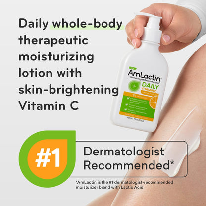 AmLactin Daily Vitamin C Lotion - 7.9 oz Body Lotion with 7% Lactic Acid - Skin-Brightening Exfoliator and Moisturizer for Dry Skin