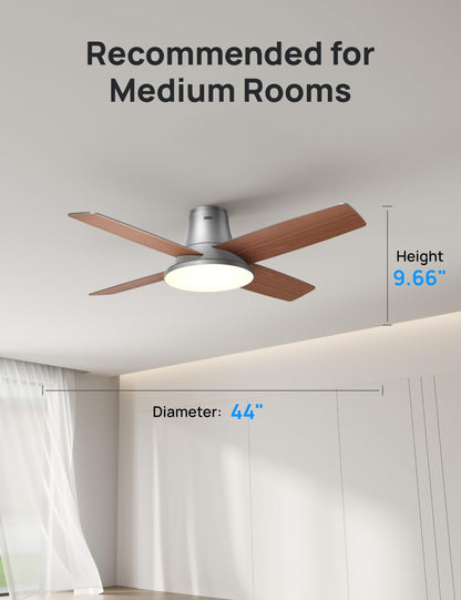 Dreo Ceiling Fans with Lights and Remote Control, 44 inch Low Profile Ceiling Fan, Flush Mount, Reversible, 5CCT, 6-Level Dimmable, 6 Speeds Ceiling Fan for Bedroom, Quiet, Easy to Install, Timer