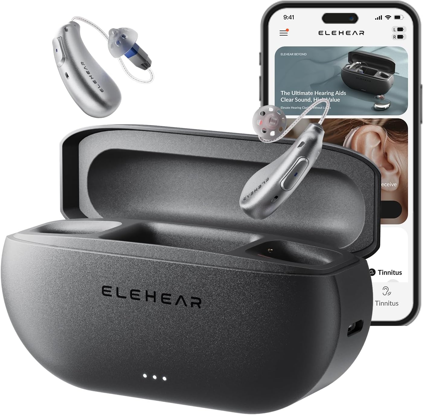 ELEHEAR-Beyond OTC Hearing Aids, AI Powered Speech Enhancement and Tinnitus Masking, Superior Sound Quality, Connectivity with iOS or Android Devices via Bluetooth 5.3, for Seniors and Adults