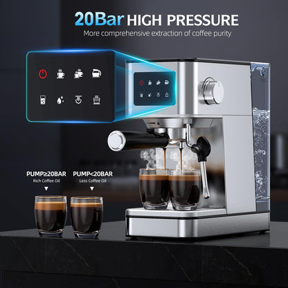 Espresso Machine, 20 Bar Professional Espresso Maker, Milk Frother Steam Wand for Latte, Compact Stainless Steel Machine with 57.5oz Removable Water Tank and LED Touchscreen Monitors