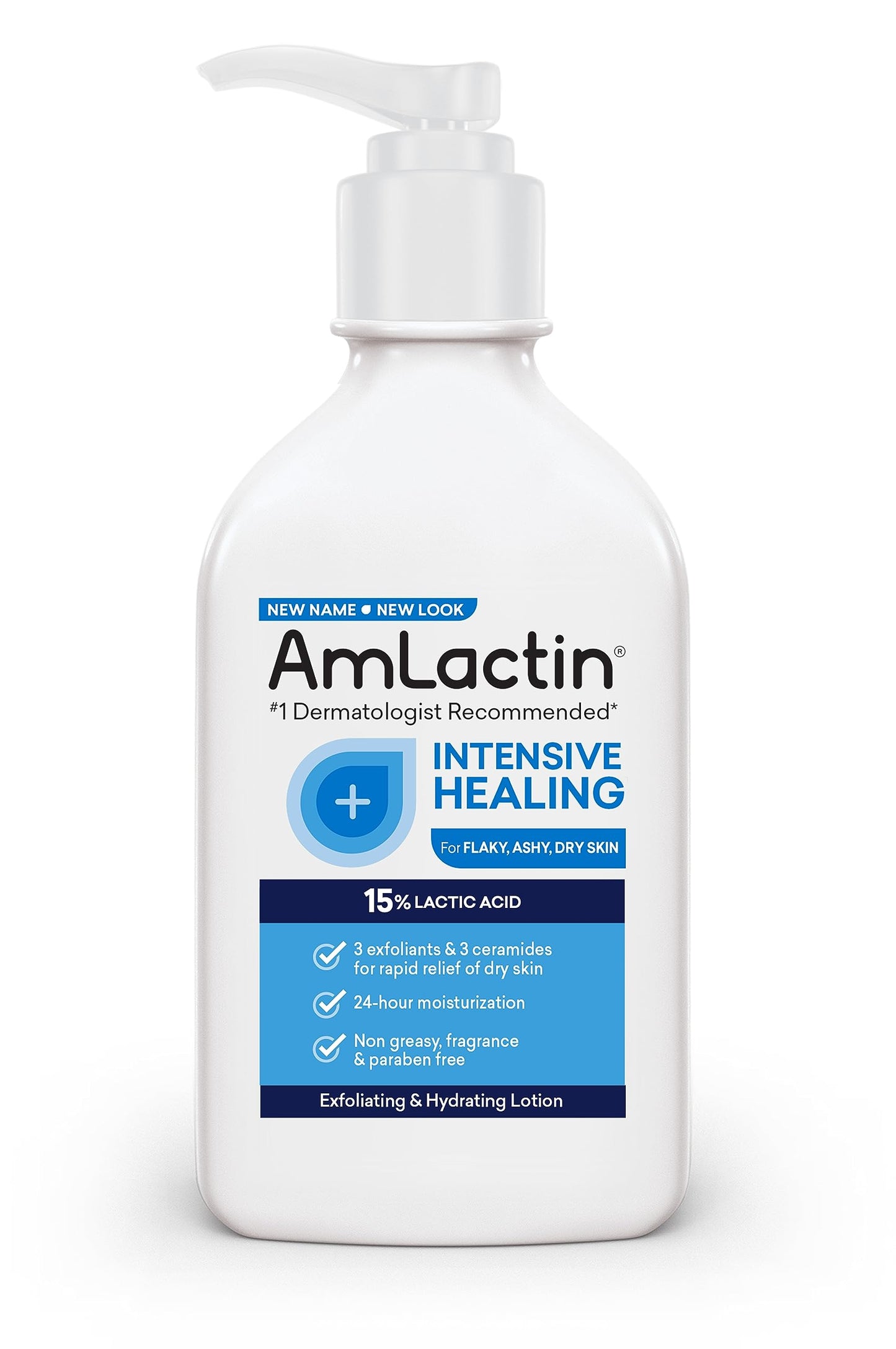 AmLactin Intensive Healing Body Lotion for Dry Skin, 14.1 oz Pump Bottle, 2-in-1 Exfoliator & Moisturizer with Ceramides & 15% Lactic Acid for Relief from Dry Skin (Packaging May Vary)