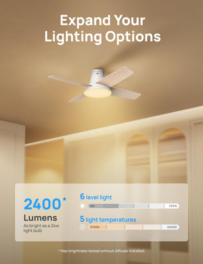 Dreo Ceiling Fans with Lights and Remote Control, 44 inch Low Profile Ceiling Fan, Flush Mount, Reversible, 5CCT, 6-Level Dimmable, 6 Speeds Ceiling Fan for Bedroom, Quiet, Easy to Install, Timer