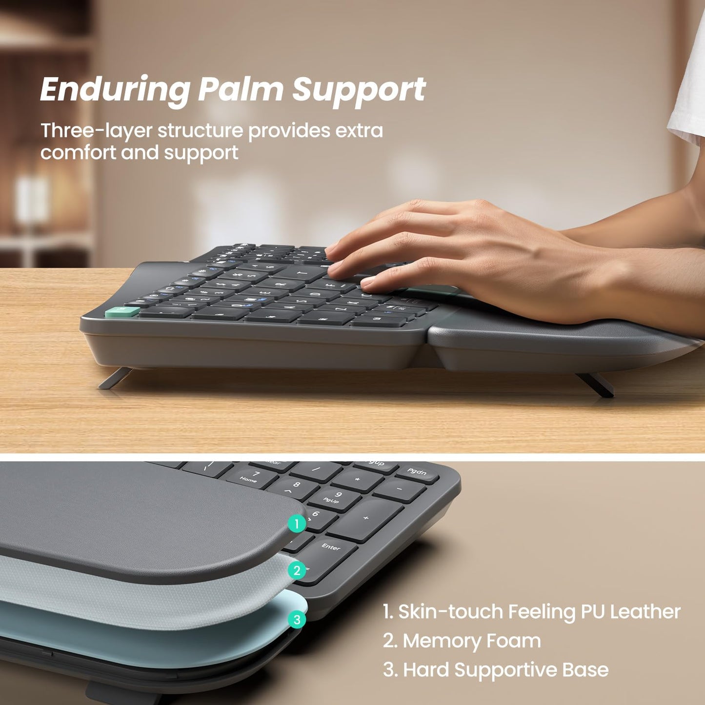 Nulea KM75 Advanced Ergonomic Wireless Keyboard and Mouse Combo, Comfortable Natural Typing, Palm Rest, Multi-Device (Bluetooth, 2.4G, Wired), Rechargeable, for Multi-OS, Windows, Mac, Android(Grey)