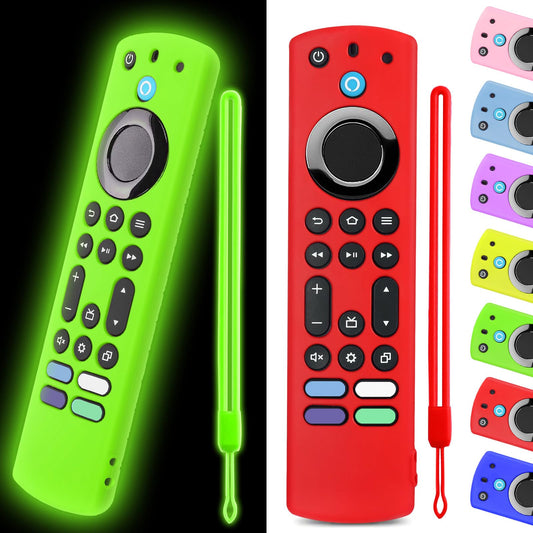 OneBom (2pcs) Silicone Remote Cover for Firetv 4K Max (2nd)/ Insignia/Pioneer/Omni (QLED) Series Alexa Voice Remote Enhanced w, Anti-Slip Protective Case with Same Color Lanyard (Glow Green&Red)