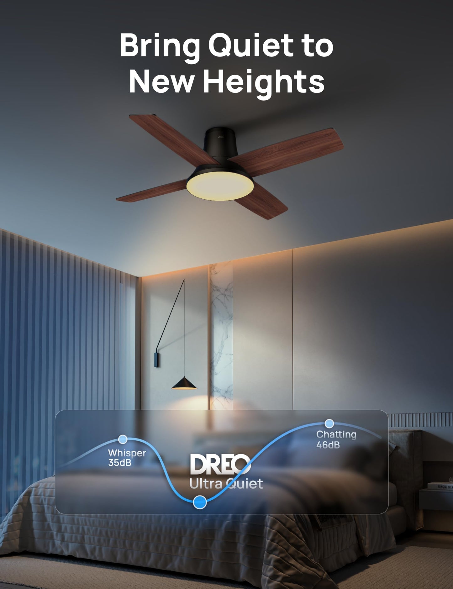 Dreo Ceiling Fans with Lights and Remote Control, 44 inch Low Profile Ceiling Fan, Flush Mount, Reversible, 5CCT, 6-Level Dimmable, 6 Speeds Ceiling Fan for Bedroom, Quiet, Easy to Install, Timer