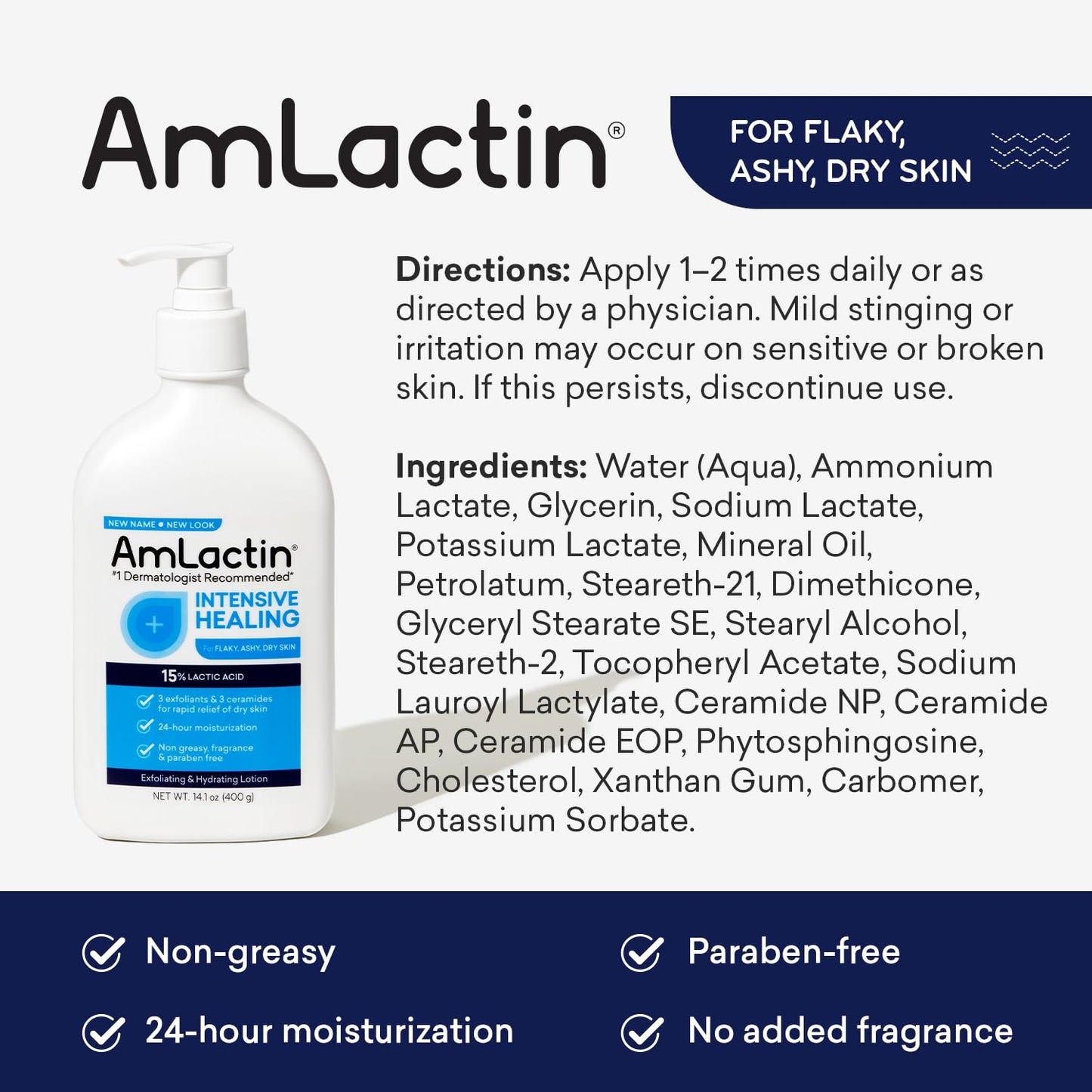 AmLactin Intensive Healing Body Lotion for Dry Skin, 14.1 oz Pump Bottle, 2-in-1 Exfoliator & Moisturizer with Ceramides & 15% Lactic Acid for Relief from Dry Skin (Packaging May Vary)