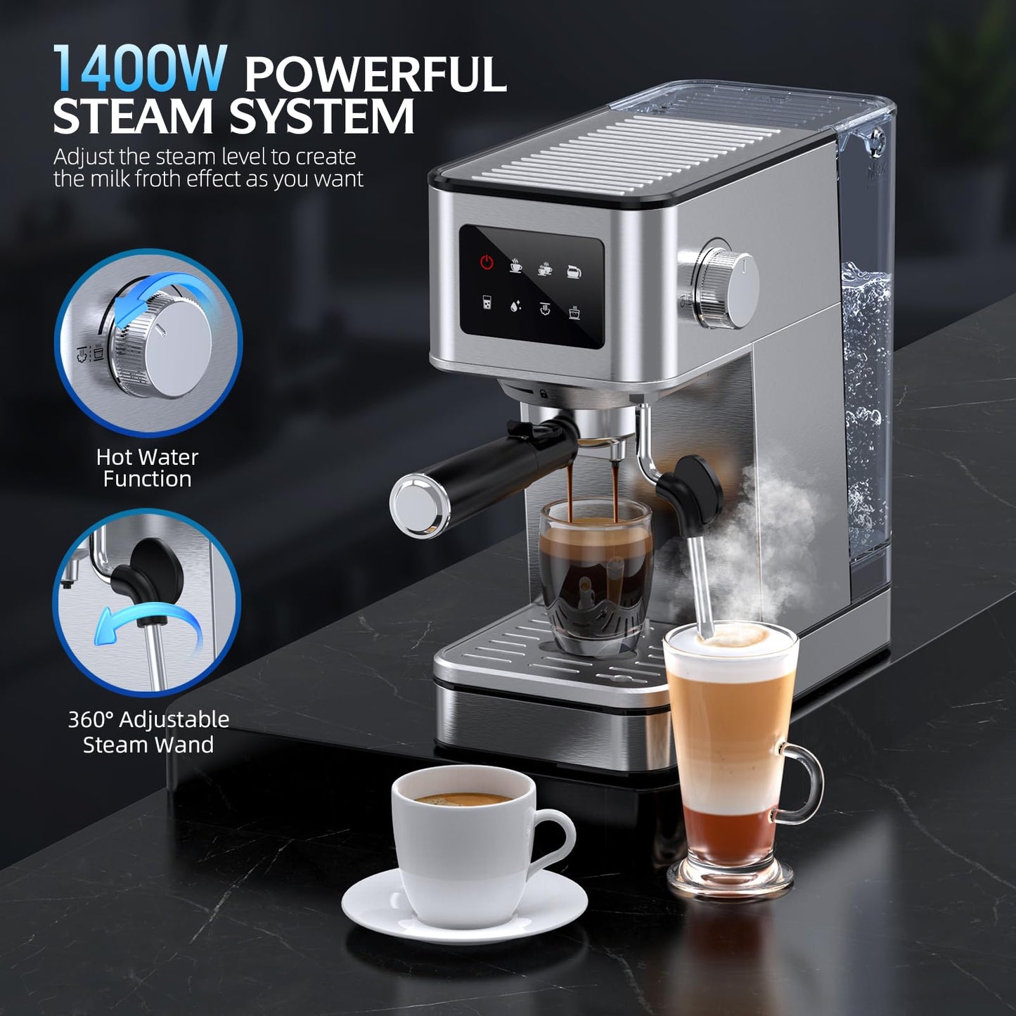 Espresso Machine, 20 Bar Professional Espresso Maker, Milk Frother Steam Wand for Latte, Compact Stainless Steel Machine with 57.5oz Removable Water Tank and LED Touchscreen Monitors