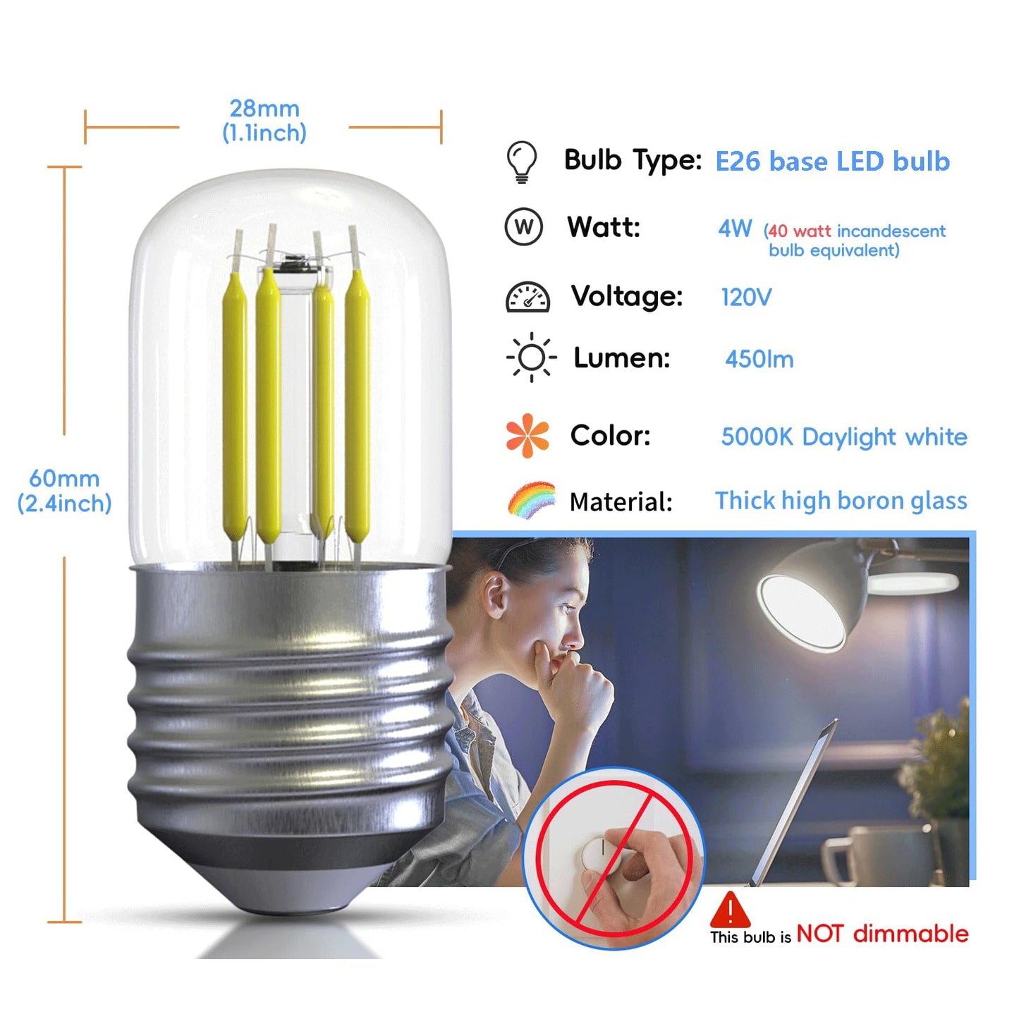 LED Refrigerator Light Bulb 40W Equivalent Fridge Light Bulb Kei d34l Refrigerator Bulb 4W Appliance Bulb E26 5000k Daylight White for Freezer, Frigidaire Replacement 450lumen, 2 Pack