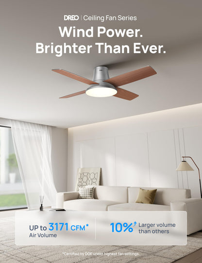 Dreo Ceiling Fans with Lights and Remote Control, 44 inch Low Profile Ceiling Fan, Flush Mount, Reversible, 5CCT, 6-Level Dimmable, 6 Speeds Ceiling Fan for Bedroom, Quiet, Easy to Install, Timer