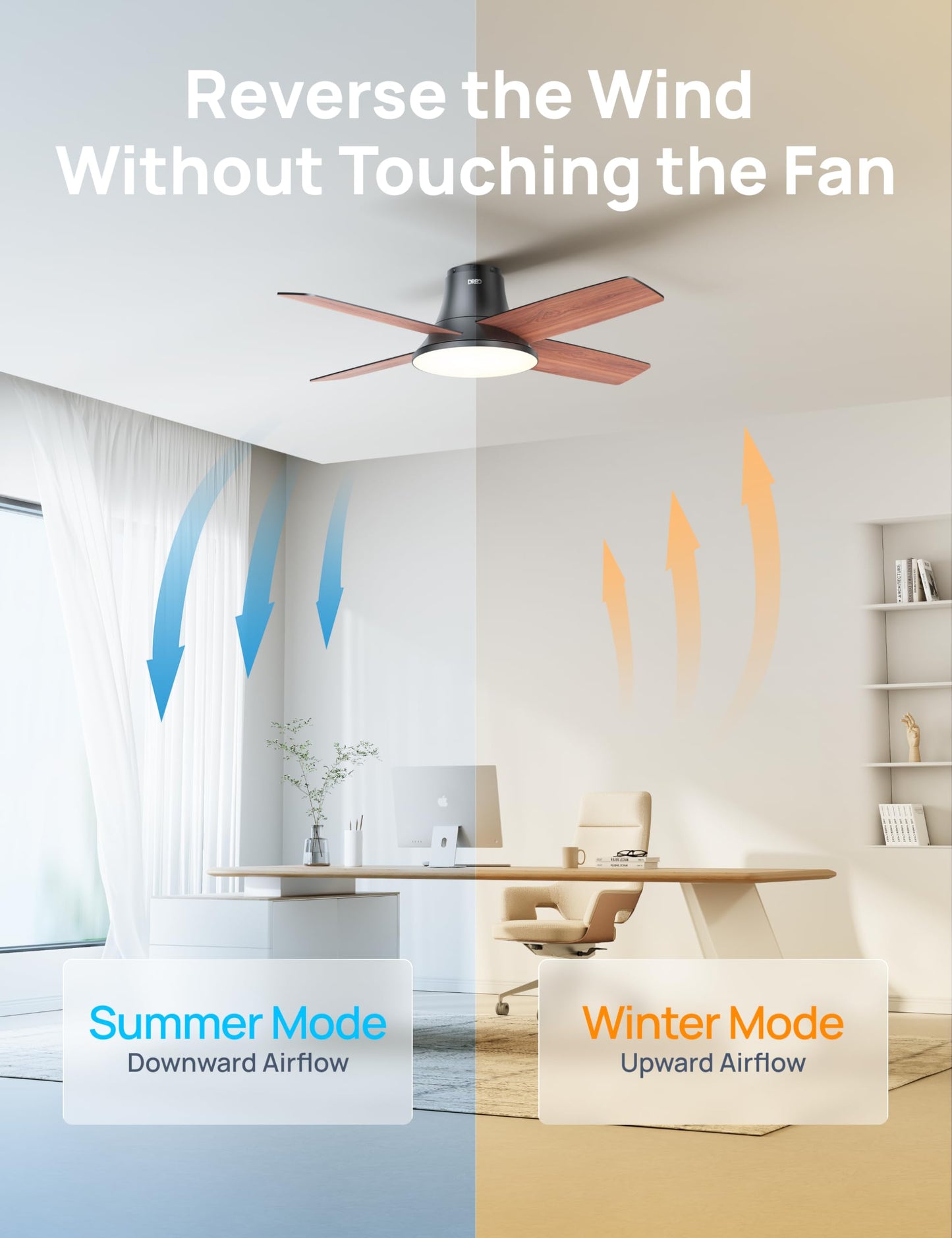 Dreo Ceiling Fans with Lights and Remote Control, 44 inch Low Profile Ceiling Fan, Flush Mount, Reversible, 5CCT, 6-Level Dimmable, 6 Speeds Ceiling Fan for Bedroom, Quiet, Easy to Install, Timer