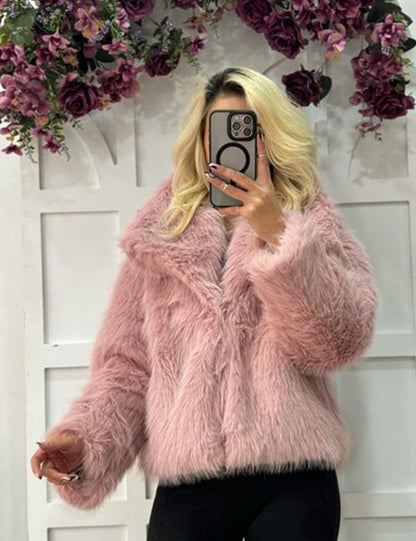 Flygo Women's Faux Fur Coat Fluffy Faux Fur Jacket Long Sleeve Lapel Furry Winter Jackets Shaggy Parka Short Coat