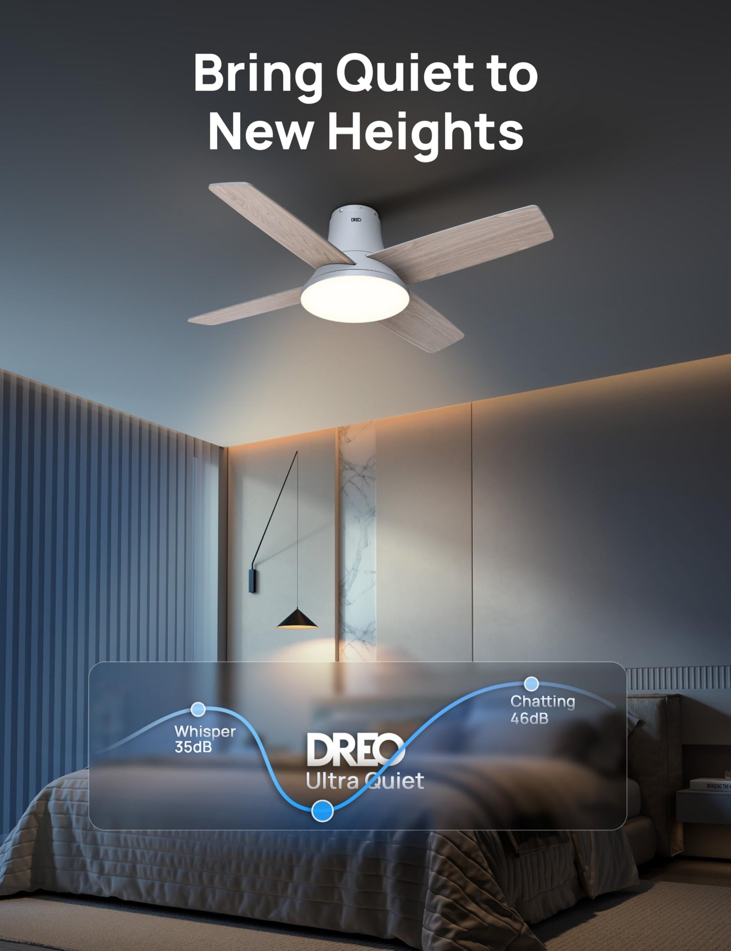 Dreo Ceiling Fans with Lights and Remote Control, 44 inch Low Profile Ceiling Fan, Flush Mount, Reversible, 5CCT, 6-Level Dimmable, 6 Speeds Ceiling Fan for Bedroom, Quiet, Easy to Install, Timer