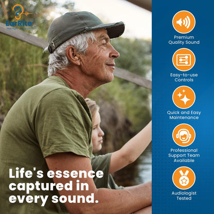 EarRite Rechargeable OTC Hearing Aids for Seniors - Nearly Invisible & Comfortable 9 Adjustable Levels of Clarity Compact In-Ear Design Digital Hearing amplifier with Noise Reduction and Charging Case