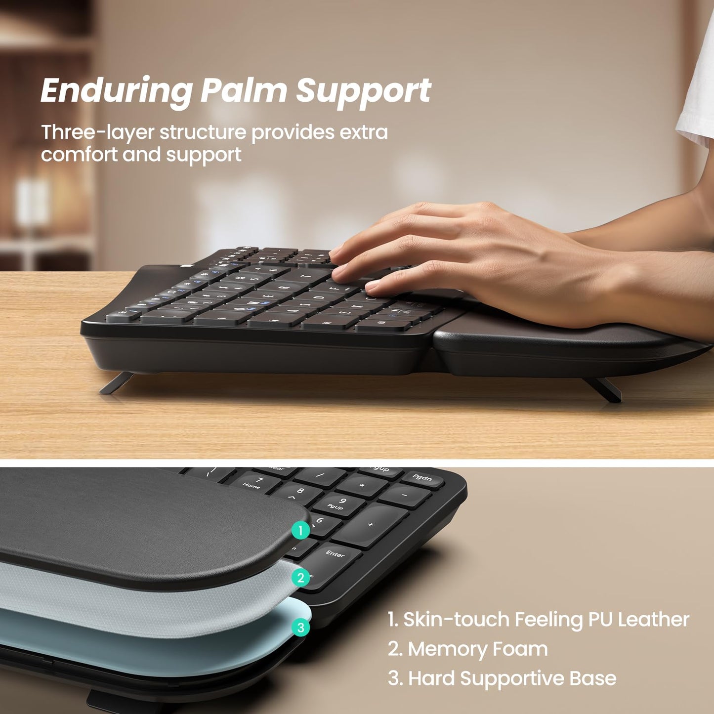 Nulea KM75 Advanced Ergonomic Wireless Keyboard and Mouse Combo, Comfortable Natural Typing, Palm Rest, Multi-Device (Bluetooth, 2.4G, Wired), Rechargeable, for Multi-OS, Windows, Mac, Android(Grey)