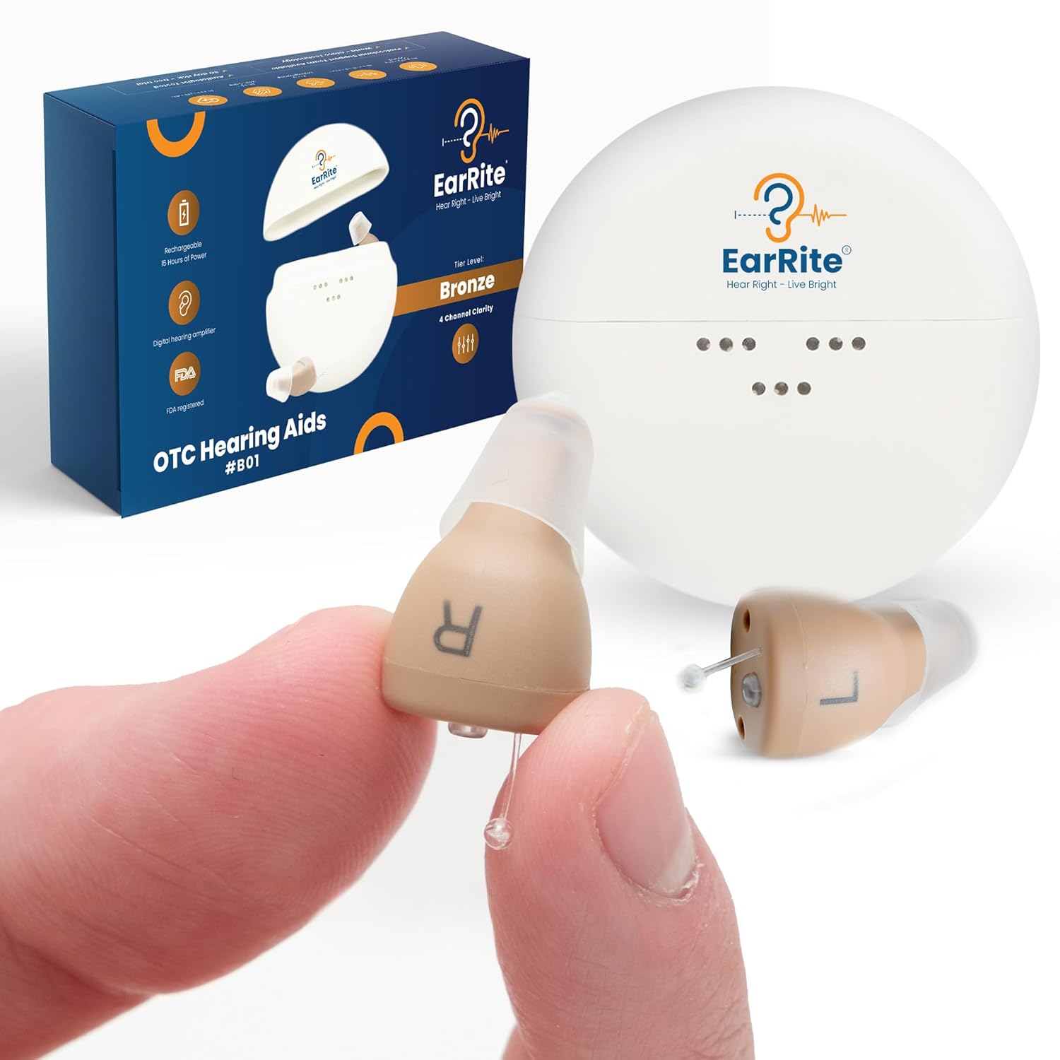 EarRite Rechargeable OTC Hearing Aids for Seniors - Nearly Invisible & Comfortable 9 Adjustable Levels of Clarity Compact In-Ear Design Digital Hearing amplifier with Noise Reduction and Charging Case