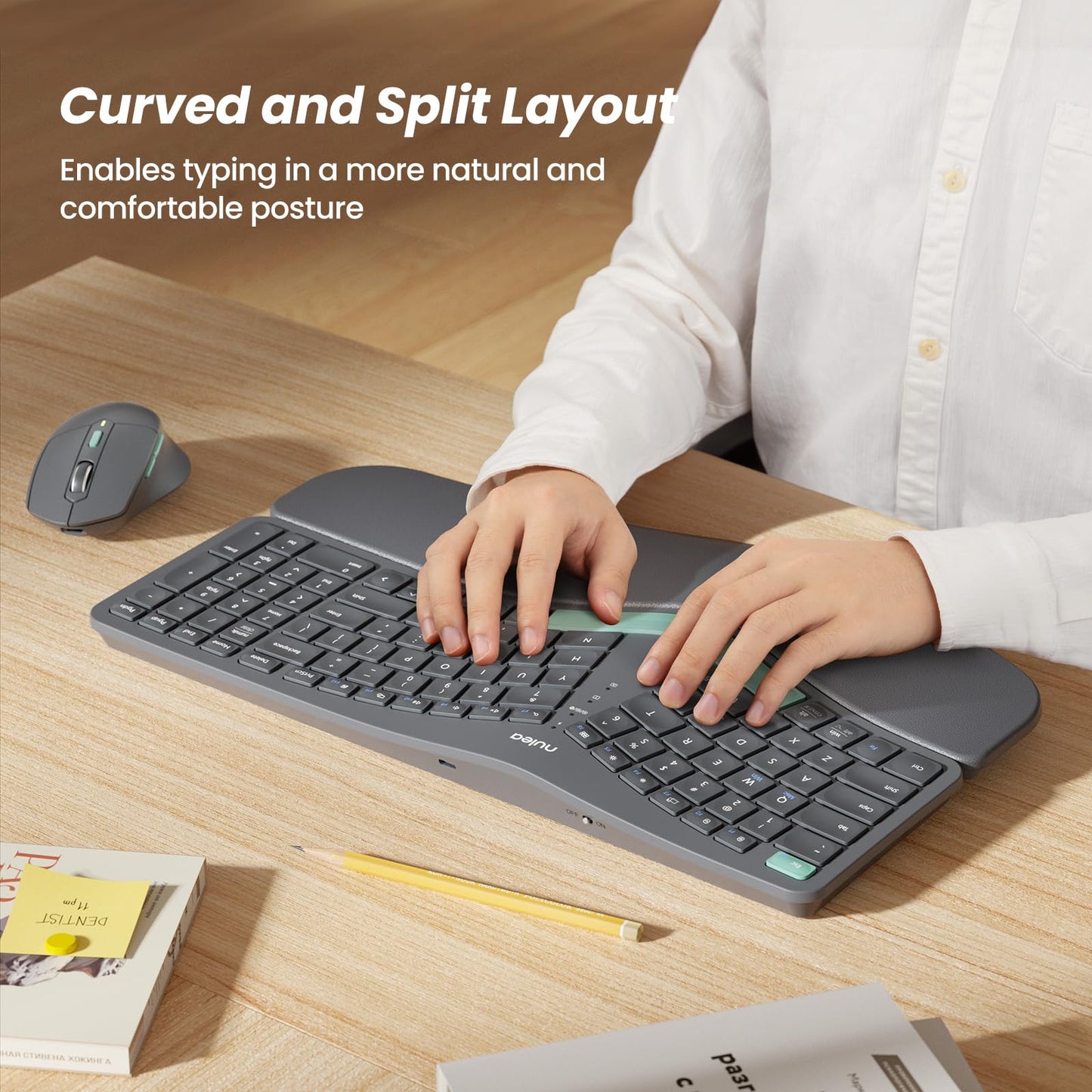 Nulea KM75 Advanced Ergonomic Wireless Keyboard and Mouse Combo, Comfortable Natural Typing, Palm Rest, Multi-Device (Bluetooth, 2.4G, Wired), Rechargeable, for Multi-OS, Windows, Mac, Android(Grey)