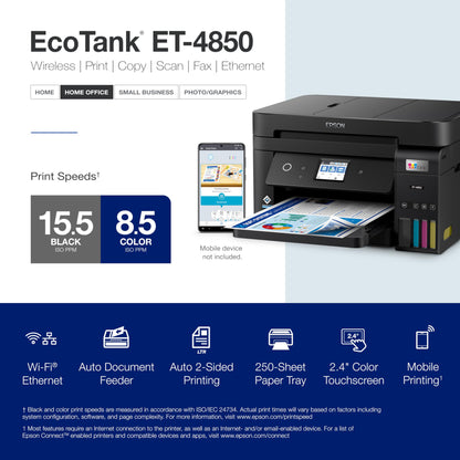 Epson EcoTank ET-4850 Wireless All-in-One Cartridge-Free Supertank Printer with Scanner, Copier, Fax, ADF and Ethernet – The Perfect Printer Office - White, Medium