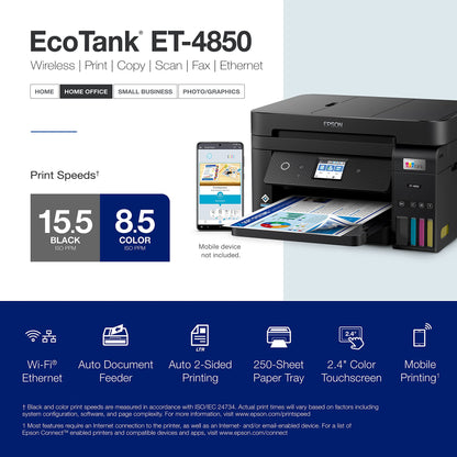 Epson EcoTank ET-4850 Wireless All-in-One Cartridge-Free Supertank Printer with Scanner, Copier, Fax, ADF and Ethernet – The Perfect Printer Office - White, Medium